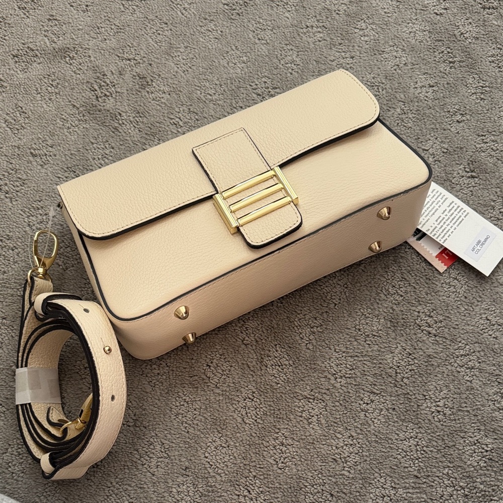 Cream Pebbled Crossbody Bag with Gold Accent Hardware
